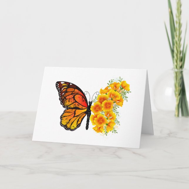 Flower Butterfly with Yellow California Poppy Holiday Card (Front)