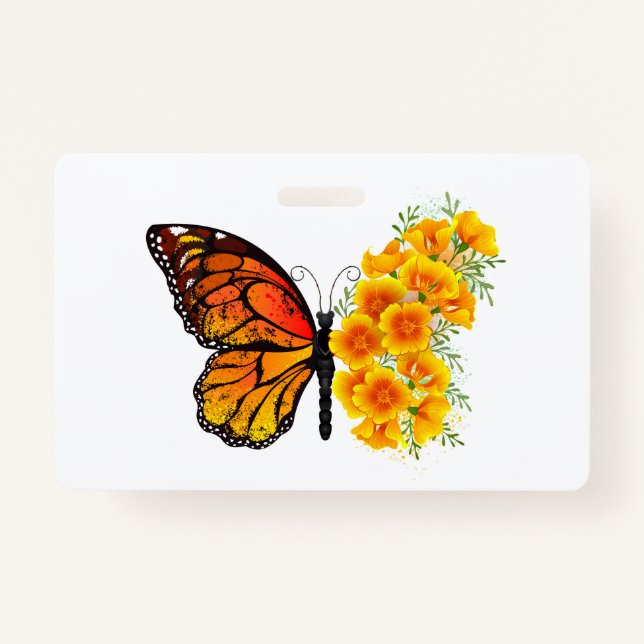 Flower Butterfly with Yellow California Poppy ID Badge (Front)