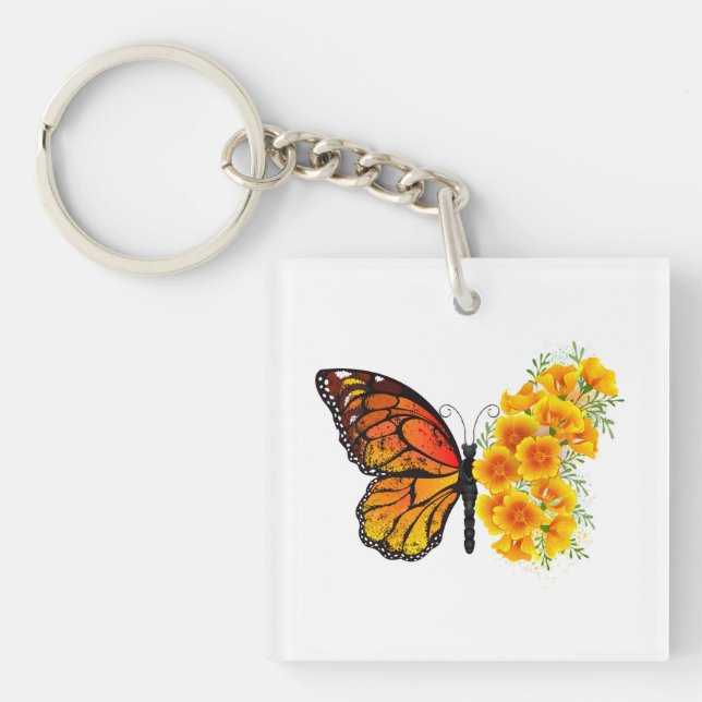 Flower Butterfly with Yellow California Poppy Key Ring (Front)