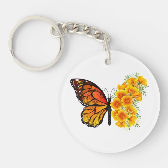 Flower Butterfly with Yellow California Poppy Key Ring (Front)