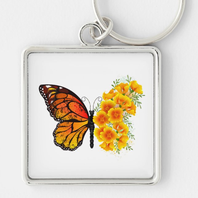 Flower Butterfly with Yellow California Poppy Key Ring (Front)