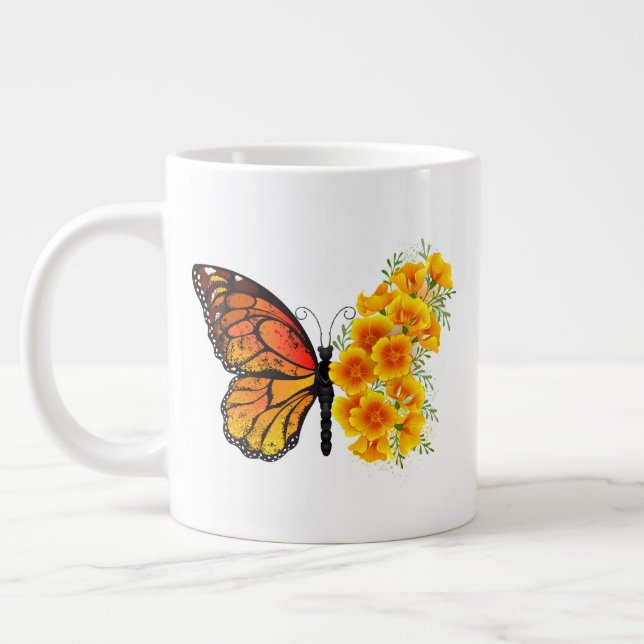 Flower Butterfly with Yellow California Poppy Large Coffee Mug (Left)