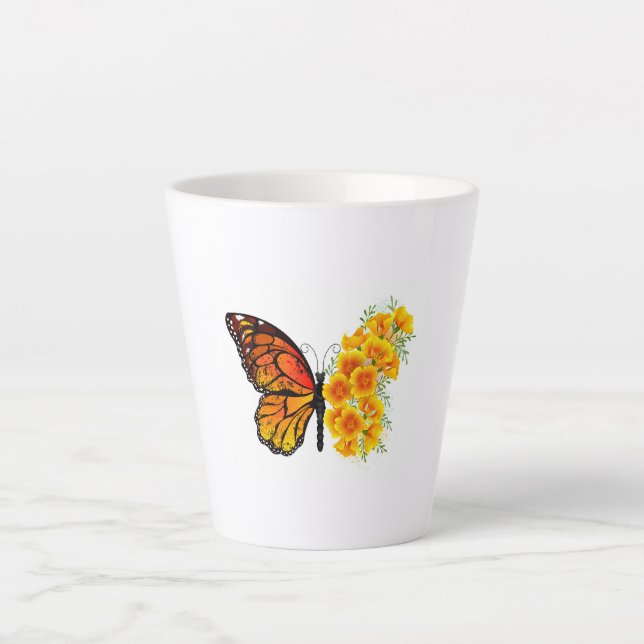 Flower Butterfly with Yellow California Poppy Latte Mug (Front)