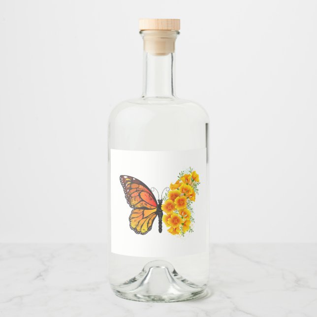 Flower Butterfly with Yellow California Poppy Liquor Bottle Label (Front)
