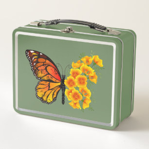 Flower Butterfly with Yellow California Poppy Metal Lunch Box