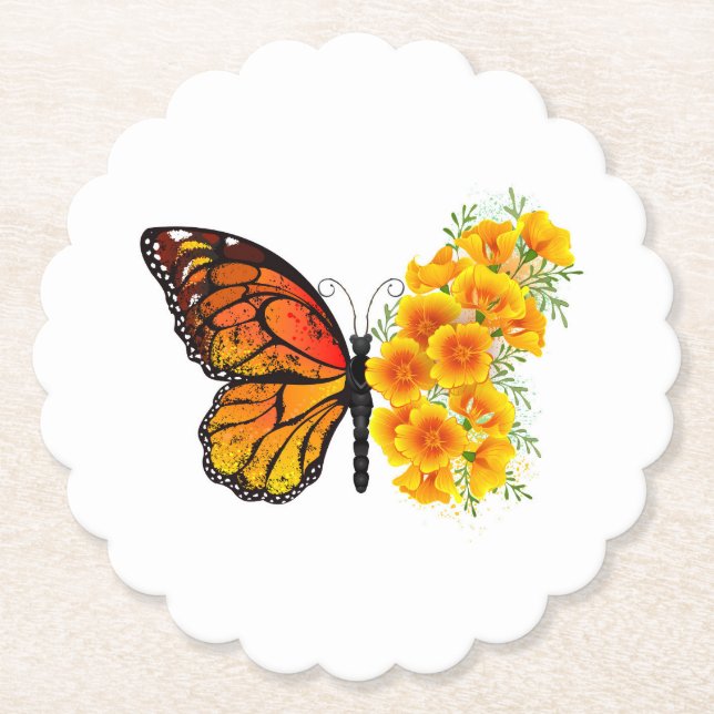 Flower Butterfly with Yellow California Poppy Paper Coaster (Front)