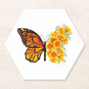 Flower Butterfly with Yellow California Poppy Paper Coaster