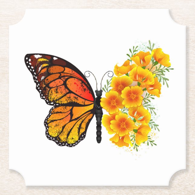 Flower Butterfly with Yellow California Poppy Paper Coaster (Front)