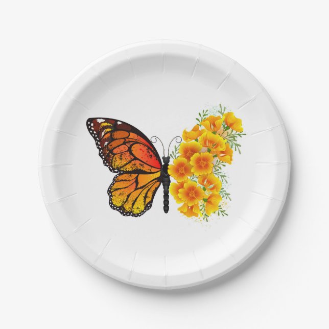 Flower Butterfly with Yellow California Poppy Paper Plate (Front)