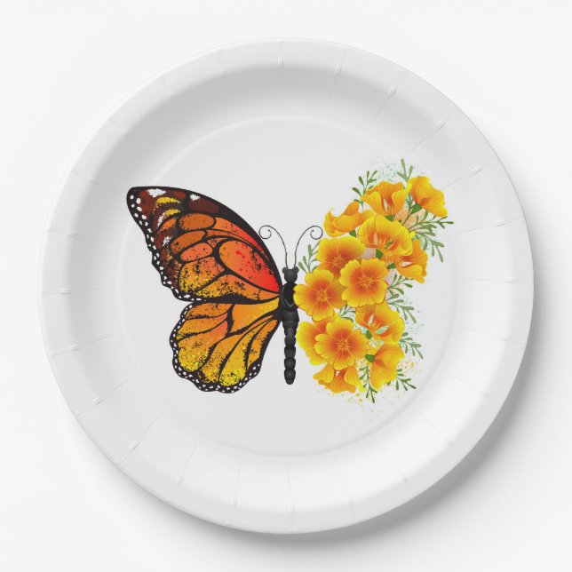 Flower Butterfly with Yellow California Poppy Paper Plate (Front)