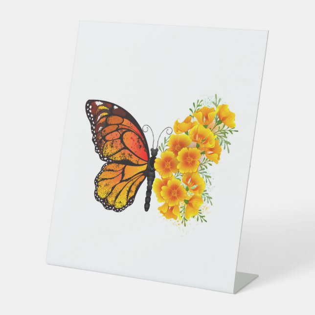 Flower Butterfly with Yellow California Poppy Pedestal Sign (Front)
