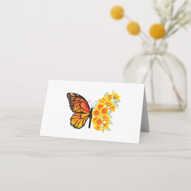 Flower Butterfly with Yellow California Poppy Place Card (Front)