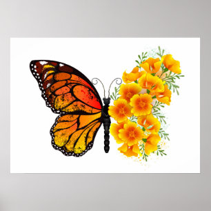 Flower Butterfly with Yellow California Poppy Poster