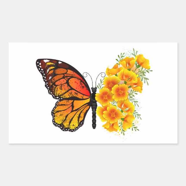 Flower Butterfly with Yellow California Poppy Rectangular Sticker (Front)