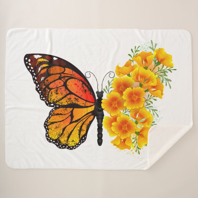 Flower Butterfly with Yellow California Poppy Sherpa Blanket (Front (Horizontal))
