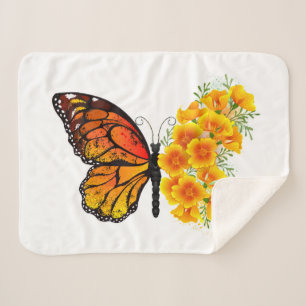 Flower Butterfly with Yellow California Poppy Sherpa Blanket