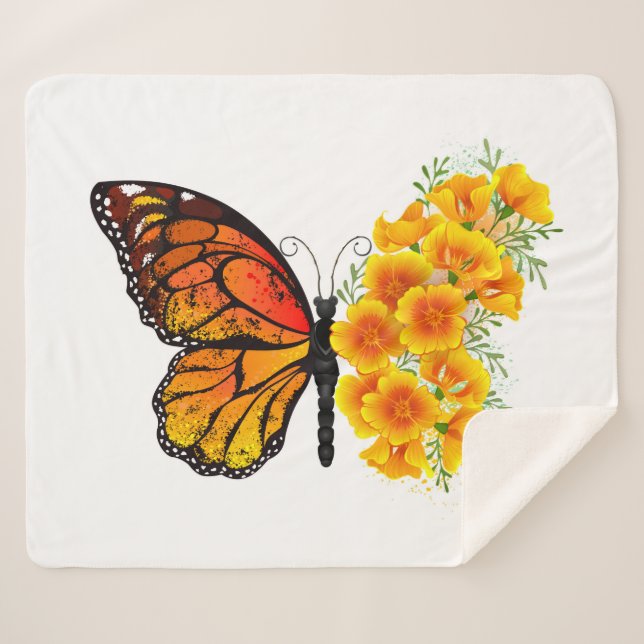 Flower Butterfly with Yellow California Poppy Sherpa Blanket (Front (Horizontal))
