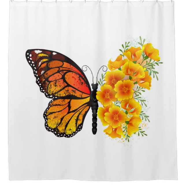 Flower Butterfly with Yellow California Poppy Shower Curtain (Front)