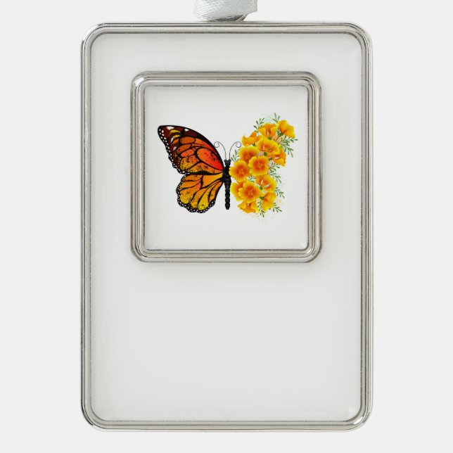 Flower Butterfly with Yellow California Poppy Silver Plated Framed Ornament (Front)