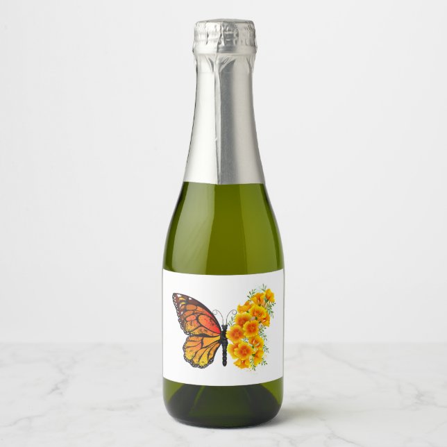 Flower Butterfly with Yellow California Poppy Sparkling Wine Label (Front)