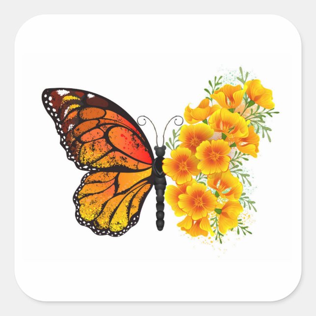 Flower Butterfly with Yellow California Poppy Square Sticker (Front)