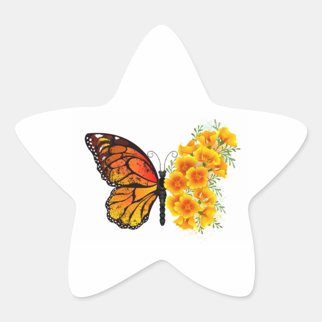 Flower Butterfly with Yellow California Poppy Star Sticker (Front)