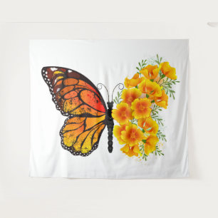 Flower Butterfly with Yellow California Poppy Tapestry