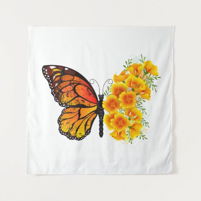 Flower Butterfly with Yellow California Poppy Tapestry (Front (Horizontal))