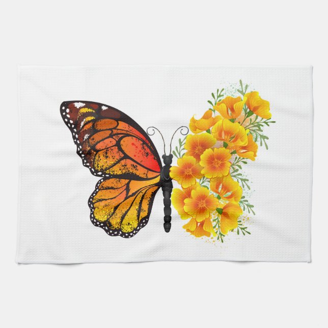 Flower Butterfly with Yellow California Poppy Tea Towel (Horizontal)