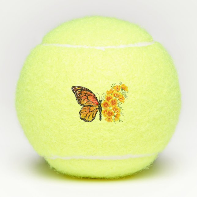 Flower Butterfly with Yellow California Poppy Tennis Balls (Front)