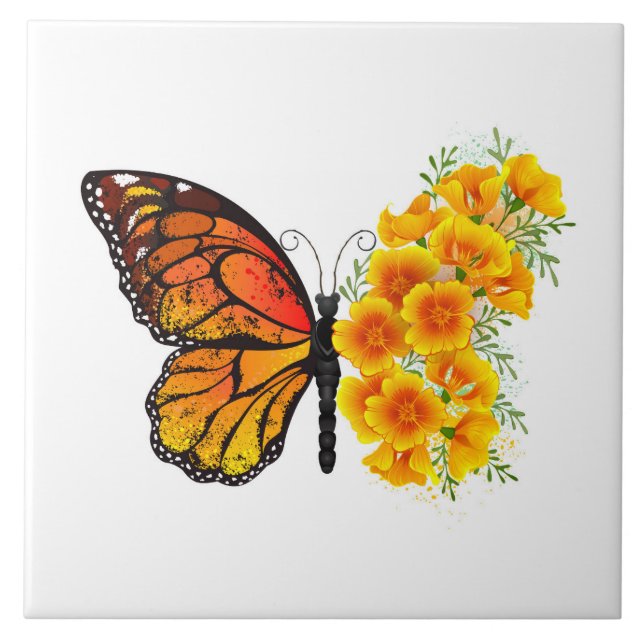 Flower Butterfly with Yellow California Poppy Tile (Front)