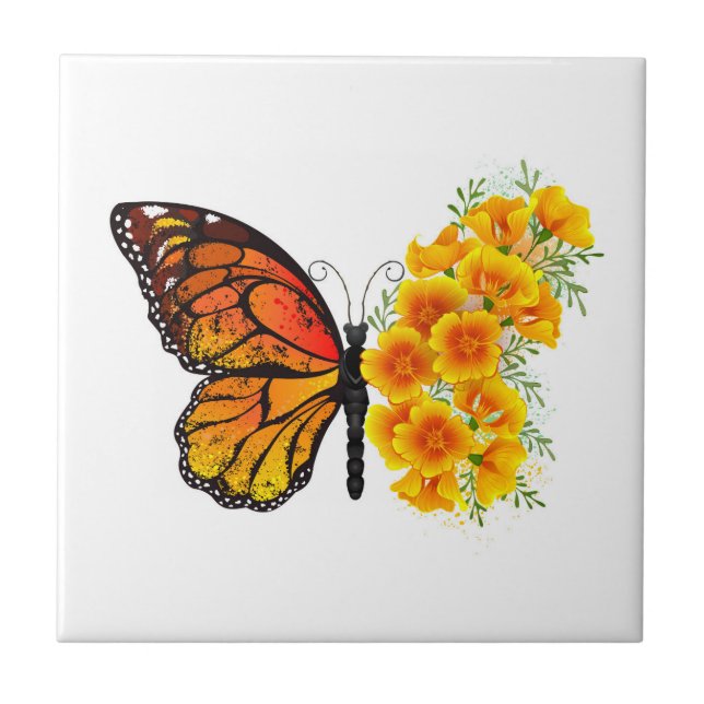 Flower Butterfly with Yellow California Poppy Tile (Front)