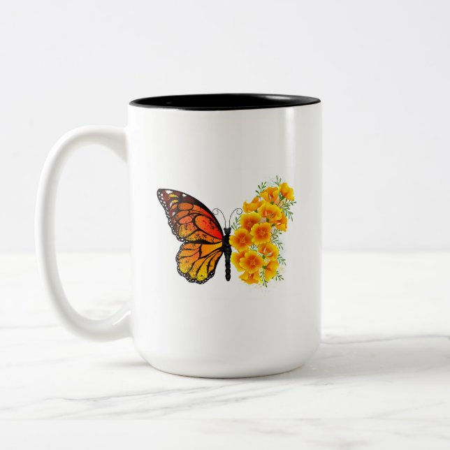 Flower Butterfly with Yellow California Poppy Two-Tone Coffee Mug (Left)