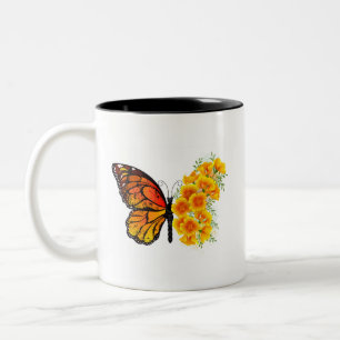 Flower Butterfly with Yellow California Poppy Two-Tone Coffee Mug