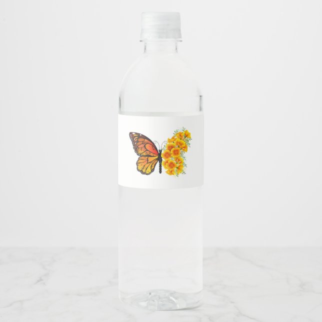 Flower Butterfly with Yellow California Poppy Water Bottle Label (Front)