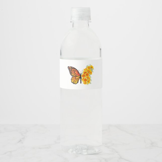 Flower Butterfly with Yellow California Poppy Water Bottle Label (Front)