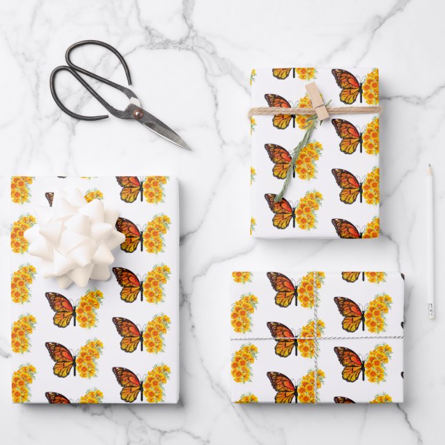 Flower Butterfly with Yellow California Poppy Wrapping Paper Sheet (Front)