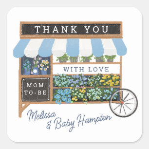 Flower Cart Farmers Market Blue Baby Shower Favour Square Sticker