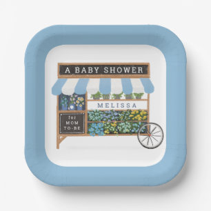 Flower Cart Farmers Market Blue Baby Shower Paper Plate