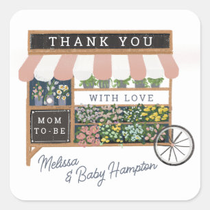 Flower Cart Farmers Market Pink Baby Shower Favour Square Sticker