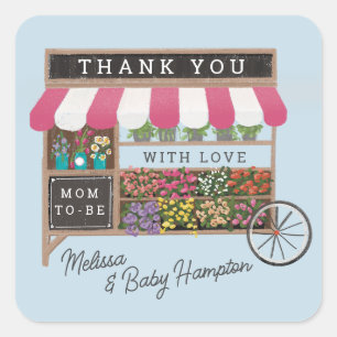 Flower Cart Farmers Market Pink Baby Shower Favour Square Sticker
