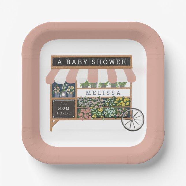Flower Cart Farmers Market Pink Baby Shower Paper Plate (Front)