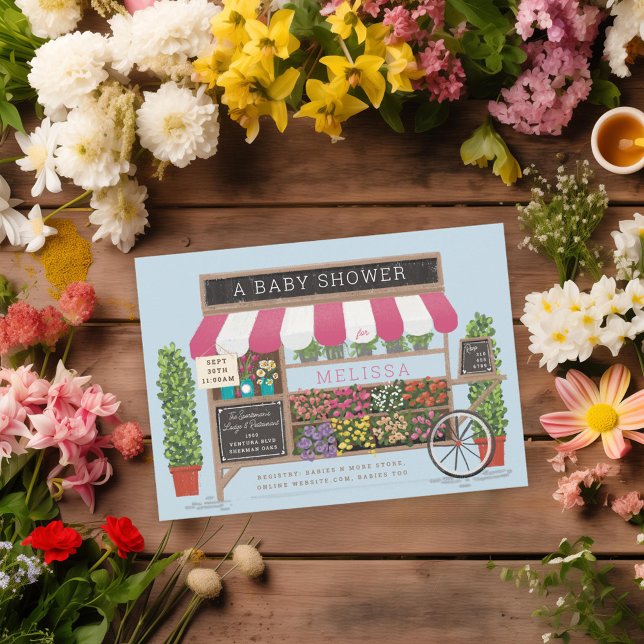 Flower Cart Farmer's Market Pink Blue Baby Shower Invitation (Creator Uploaded)