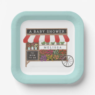 Flower Cart Farmers Market Red Baby Shower Paper Plate