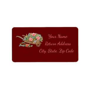 Flower Cart & Pink Flowers Burgundy  Personalise Label