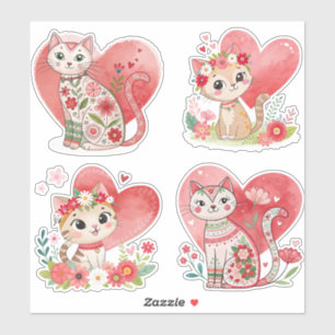 Flower Cat and Heart Custom-Cut Vinyl Sticker