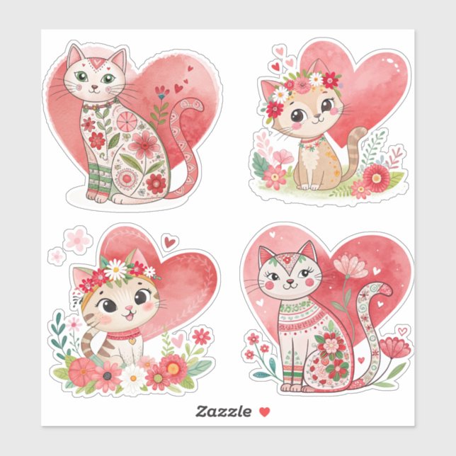 Flower Cat and Heart Custom-Cut Vinyl Sticker (Sheet)