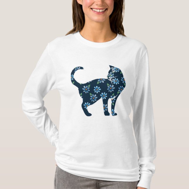 Flower Cat Blue Daisy Cats T-Shirt (Front)