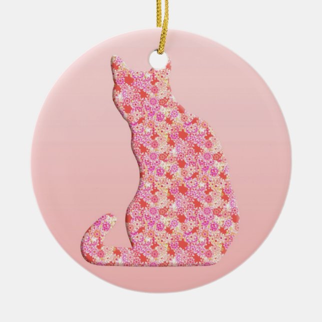 Flower Cat - coral orange and pink Ceramic Tree Decoration (Front)