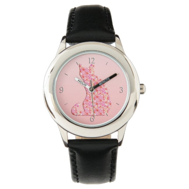Flower Cat - coral orange and pink Watch (Front)